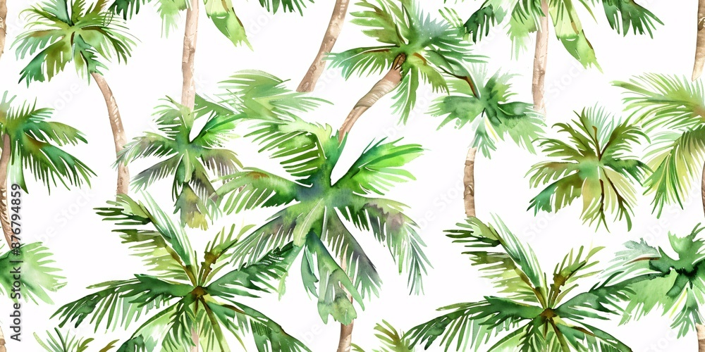 A continuous pattern of tropical palm trees in a watercolor style, created by hand. A continuous pattern of tropical palm trees in a watercolor style, created by hand.