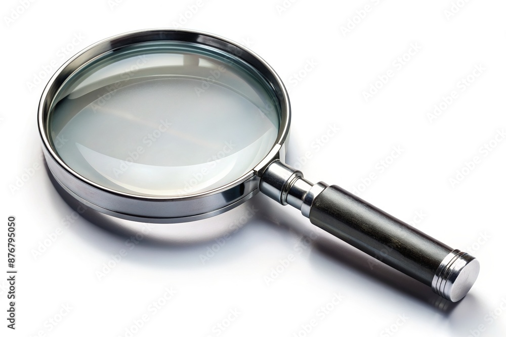 A metallic magnifying glass with a circular handle and a detailed lens, placed on a clean white background, ready to zoom in on details digitally. A metallic magnifying glass with a circular handle and a detailed lens, placed on a clean white background, ready to zoom in on details digitally.