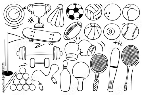 Vector set of hand drawn doodles of sports equipment.