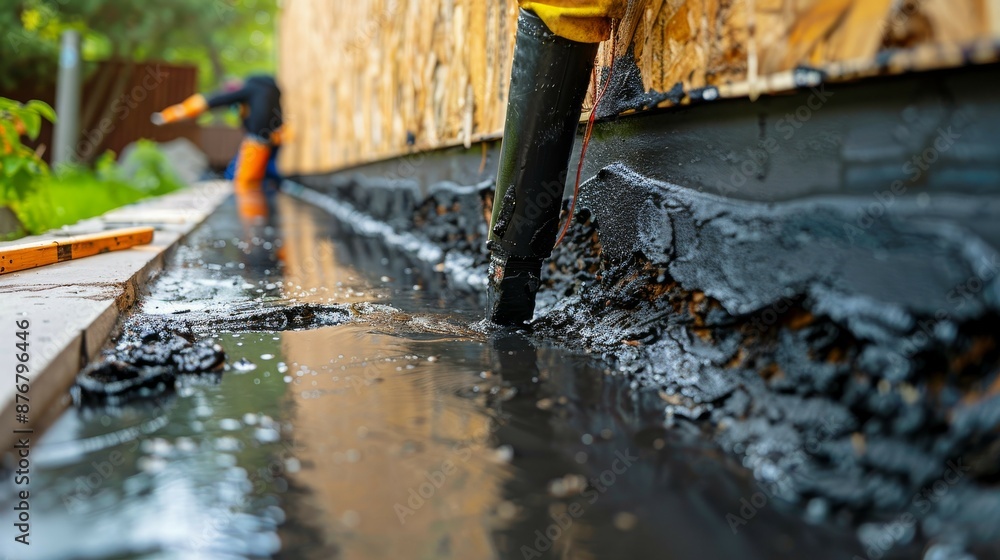 A close-up of the process of sealing a foundation crack, depicting a construction worker's boot and the cracked, muddy foundation area being repaired. A close-up of the process of sealing a foundation crack, depicting a construction worker's boot and the cracked, muddy foundation area being repaired.