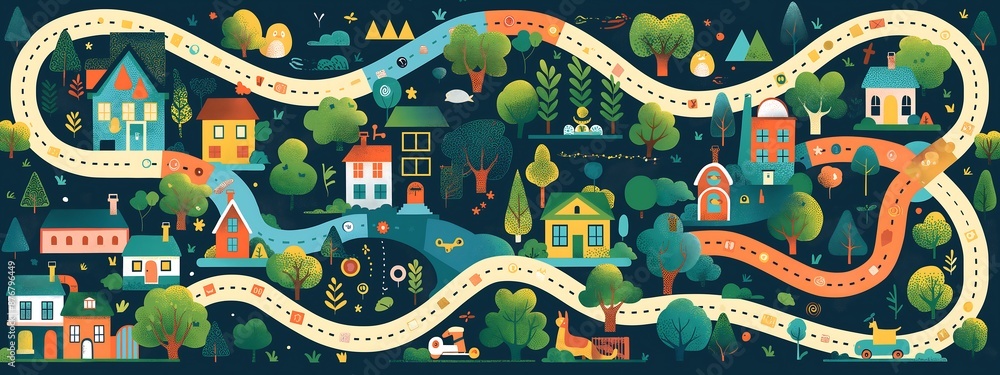 Create an 2D flat image of a board game. The game is designed to be played on a table and is themed around a family with a dog moving into a new town Create an 2D flat image of a board game. The game is designed to be played on a table and is themed around a family with a dog moving into a new town