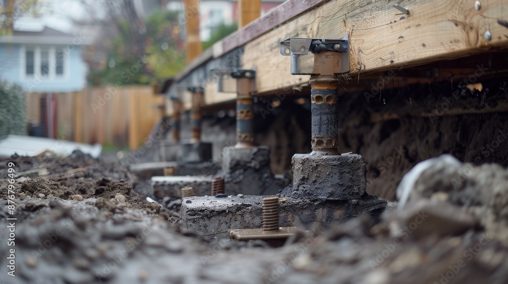 An image showing the installation of helical piers in the foundation of a building. The focus is on the helical piers and their base, surrounded by soil. An image showing the installation of helical piers in the foundation of a building. The focus is on the helical piers and their base, surrounded by soil.