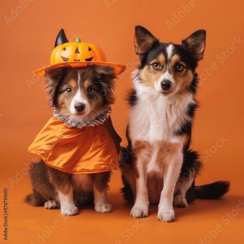 Dogs in autumn and halloween season isolated on orange background © Luckyphotos