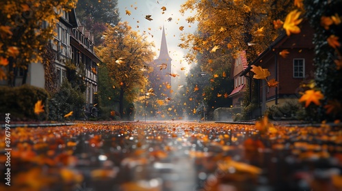 Fototapeta Naklejka Na Ścianę i Meble -  storm in autumn in a small german city, leaves all over the street, wind in the trees, rain