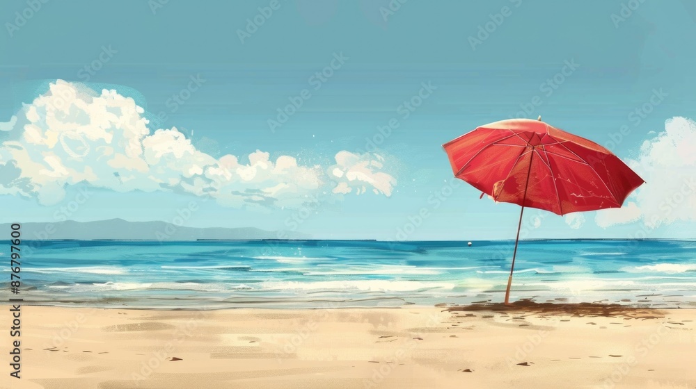 A red umbrella sits atop a sandy beach, perfect for a relaxing day by the sea A red umbrella sits atop a sandy beach, perfect for a relaxing day by the sea