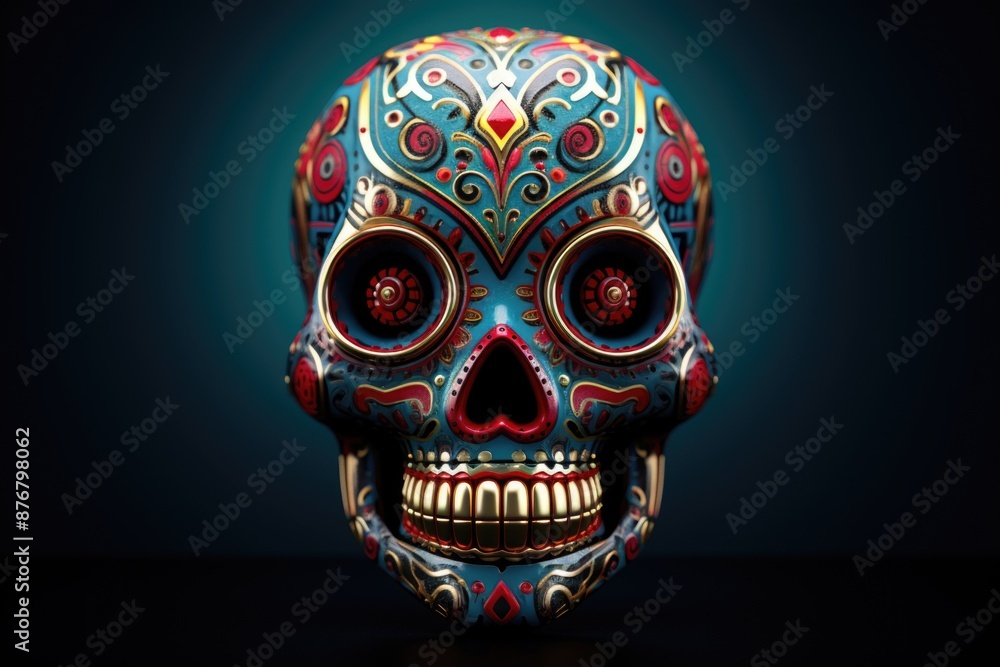 A vibrant sugar skull decoration on a dark background A vibrant sugar skull decoration on a dark background