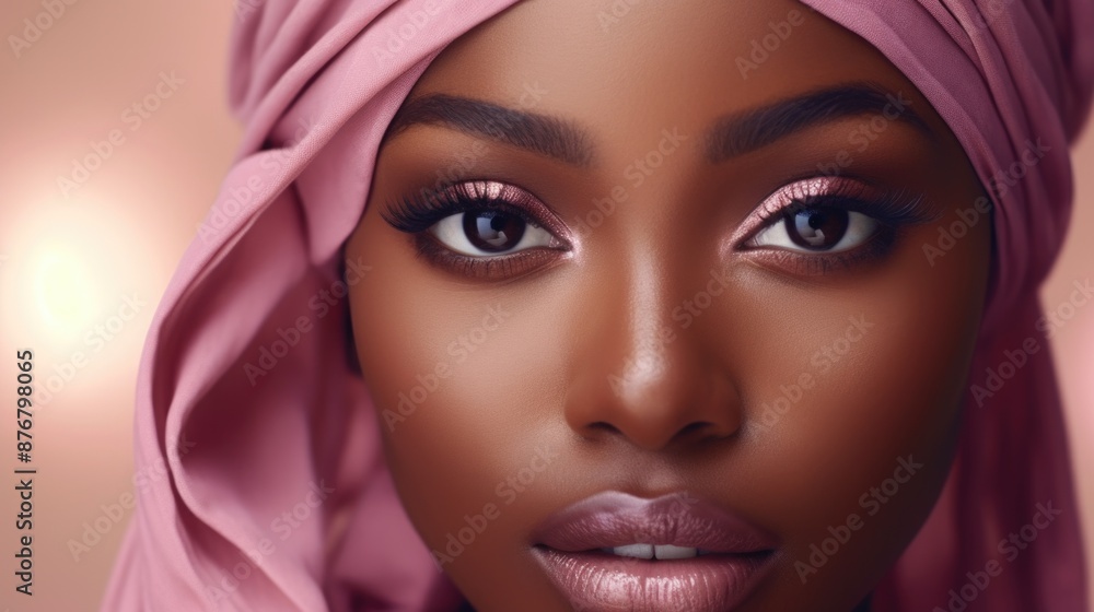 A close-up view of a woman wearing a pink head scarf, suitable for use in lifestyle or fashion photography A close-up view of a woman wearing a pink head scarf, suitable for use in lifestyle or fashion photography
