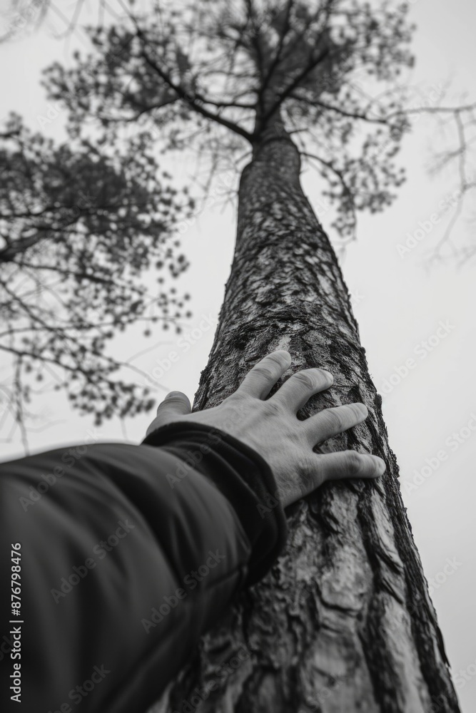 Fototapeta premium A person stretching upwards to grasp a tall tree branch