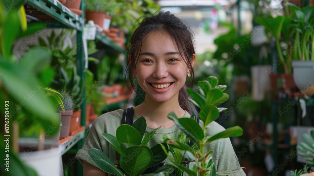 A smiling woman holds a potted plant, perfect for home decor or a gardening-themed image A smiling woman holds a potted plant, perfect for home decor or a gardening-themed image