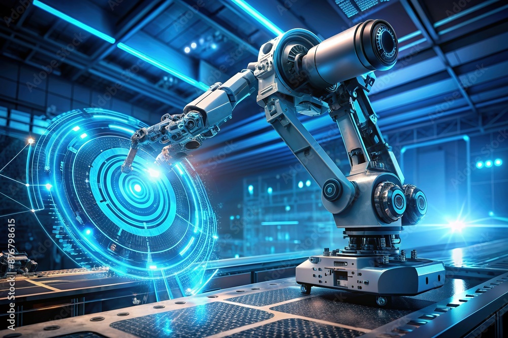 Futuristic robotic arm with glowing blue circuits and wires, surrounded by holographic screens and futuristic machinery, symbolizing cutting-edge artificial intelligence innovation. Futuristic robotic arm with glowing blue circuits and wires, surrounded by holographic screens and futuristic machinery, symbolizing cutting-edge artificial intelligence innovation.