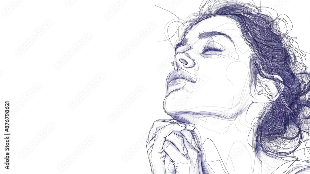 Continuous line drawing sketch art of a woman's face on a white background. Reflects relaxation, peace, and spiritual concepts. Ideal for mindfulness themes with ample copy space. Continuous line drawing sketch art of a woman's face on a white background. Reflects relaxation, peace, and spiritual concepts. Ideal for mindfulness themes with ample copy space.