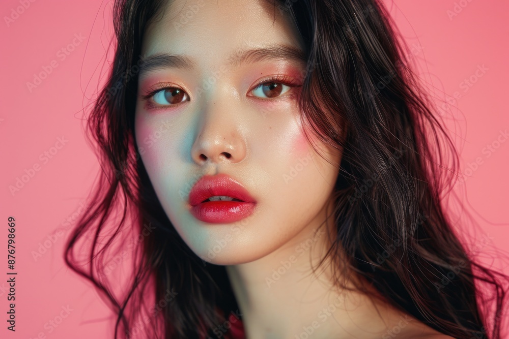 A portrait of a woman with long dark hair and bold red lipstick, suitable for beauty or fashion themes A portrait of a woman with long dark hair and bold red lipstick, suitable for beauty or fashion themes
