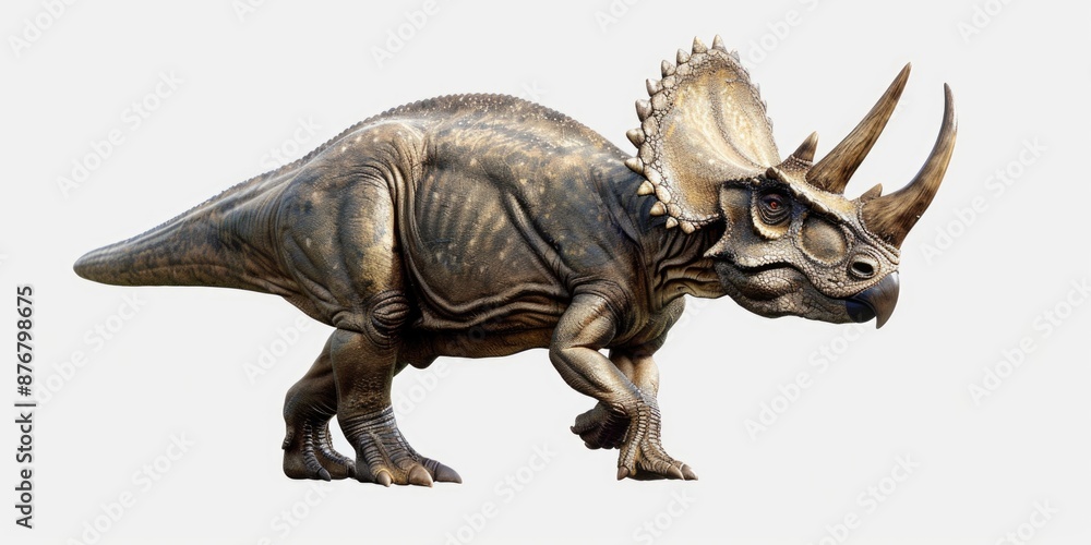 A detailed replica of a Triceratops dinosaur on a white background A detailed replica of a Triceratops dinosaur on a white background