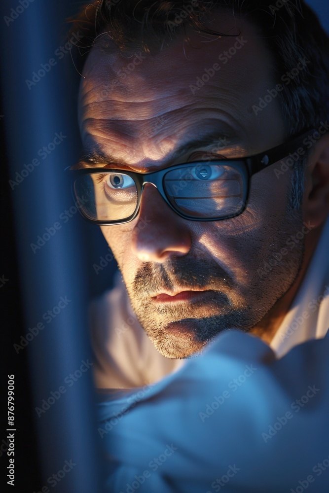 A person looking at something in a darkened area, possibly studying or examining A person looking at something in a darkened area, possibly studying or examining