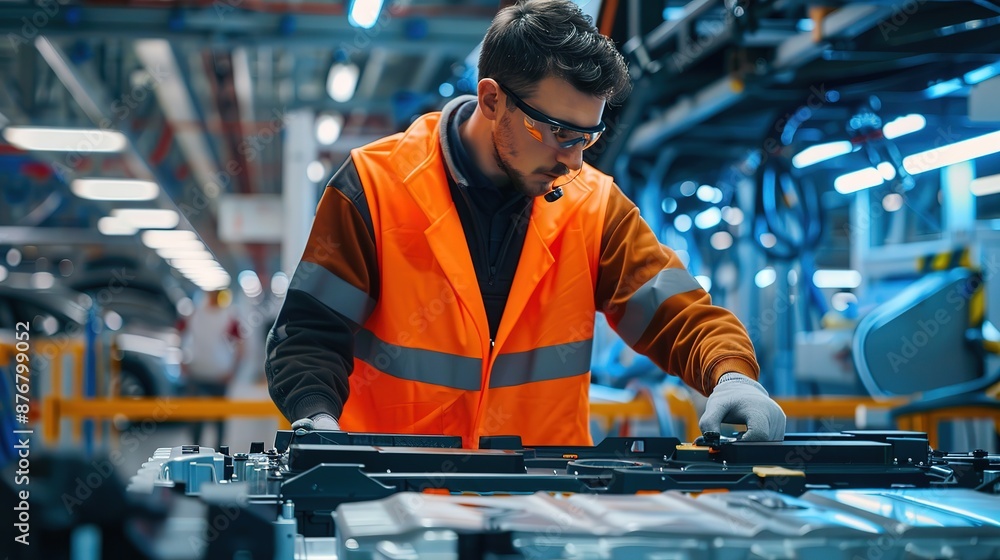 Man in Safety Vest Working on Electric Vehicle Battery Pack on Production Line in Car Factory Man in Safety Vest Working on Electric Vehicle Battery Pack on Production Line in Car Factory