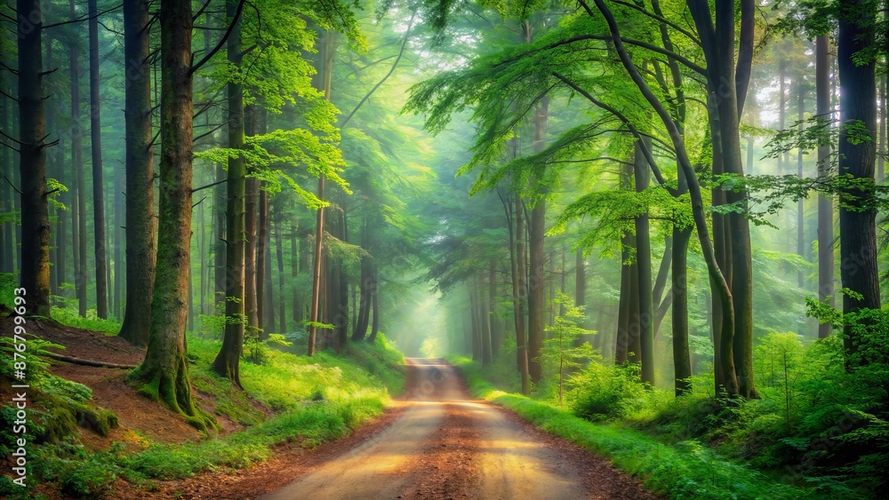 Obraz premium The Sun Shines Through The Tall Trees In The Forest, Creating A Beautiful And Peaceful Scene.