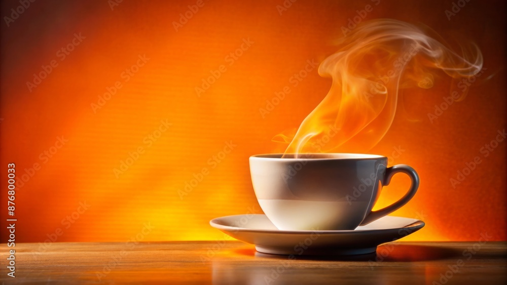 Obraz premium A Cup Of Coffee On A Wooden Table With A Warm Orange Background. The Steam From The Coffee Is Rising Up Into The Air.