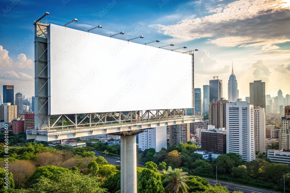 Fototapeta premium Blank White Billboard Against Outdoor Daytime Cityscape View: Ideal for Advertising, Marketing Campaigns, and Promotional Mockups