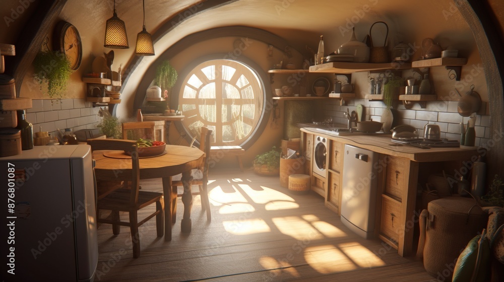 Interior design of a wooden kitchen in a fairy tale fantasy style of hobbits. AI generated. Interior design of a wooden kitchen in a fairy tale fantasy style of hobbits. AI generated.