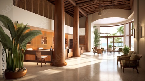 Lobby lobby of an architecturally luxurious tropical hotel. Style modern business interior. AI generated.