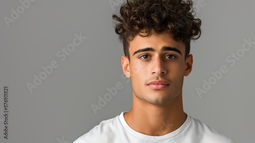 A man with curly hair and a beard is wearing a white shirt and looking at the camera. Concept of confidence and self-assurance, as the man stands tall and poses for the camera