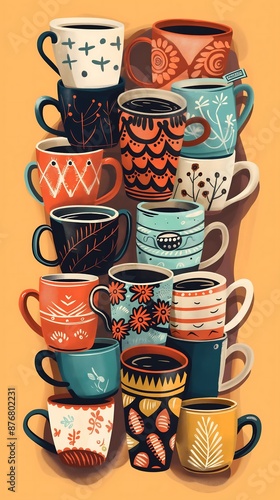 illustration print of a bunch of coffee mugs in a variet of designs, on a color background photo