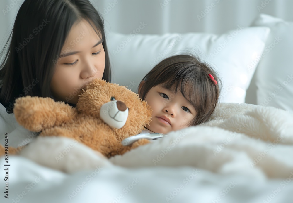mother is holding a digital thermometer in her hand and checking the temperature of a lying down girl with a teddy bear mother is holding a digital thermometer in her hand and checking the temperature of a lying down girl with a teddy bear