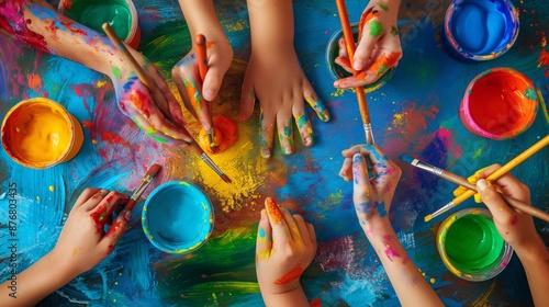 Children’s Hands Engaged in Creative Finger Painting and Brush Art Activities with Vibrant Colors on a Large Canvas