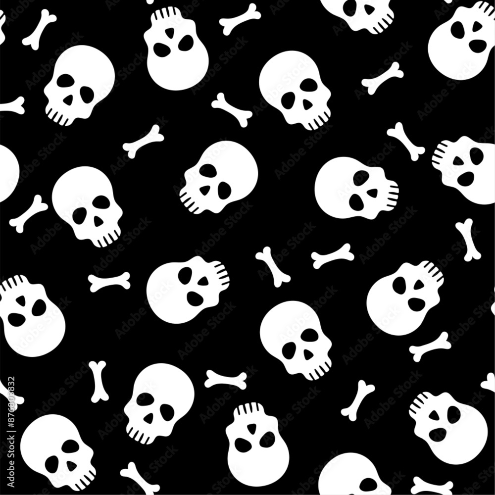 Simple skull and bones seamless pattern. Vector Halloween repeat black background with skeletons parts. Funny print for fabric texture, Day of Dead decor, wallpaper, wrapping paper, backdrop. Simple skull and bones seamless pattern. Vector Halloween repeat black background with skeletons parts. Funny print for fabric texture, Day of Dead decor, wallpaper, wrapping paper, backdrop.
