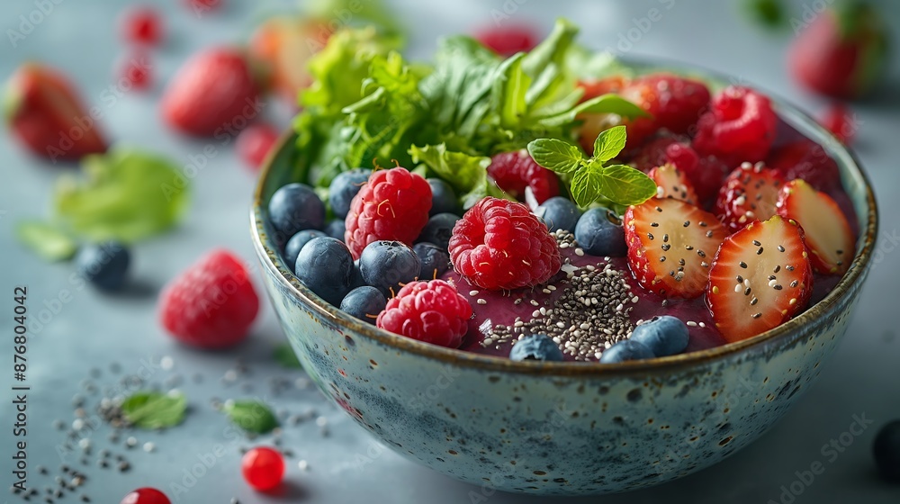 Vibrant smoothie bowl, blended berries, leafy greens, chia seeds, toasted coconut flakes, sleek glass container, airy white background Vibrant smoothie bowl, blended berries, leafy greens, chia seeds, toasted coconut flakes, sleek glass container, airy white background