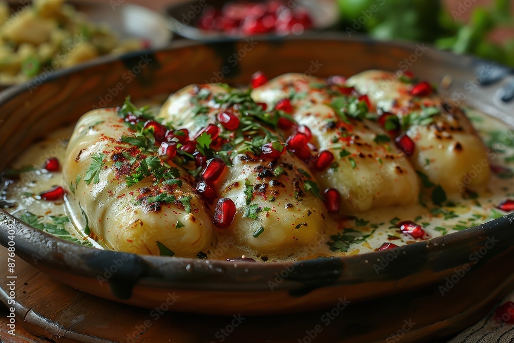 A dish of chiles en nogada, featuring stuffed poblano peppers covered in a creamy walnut sauce, garnished with pomegranate seeds and fresh parsley. A dish of chiles en nogada, featuring stuffed poblano peppers covered in a creamy walnut sauce, garnished with pomegranate seeds and fresh parsley.