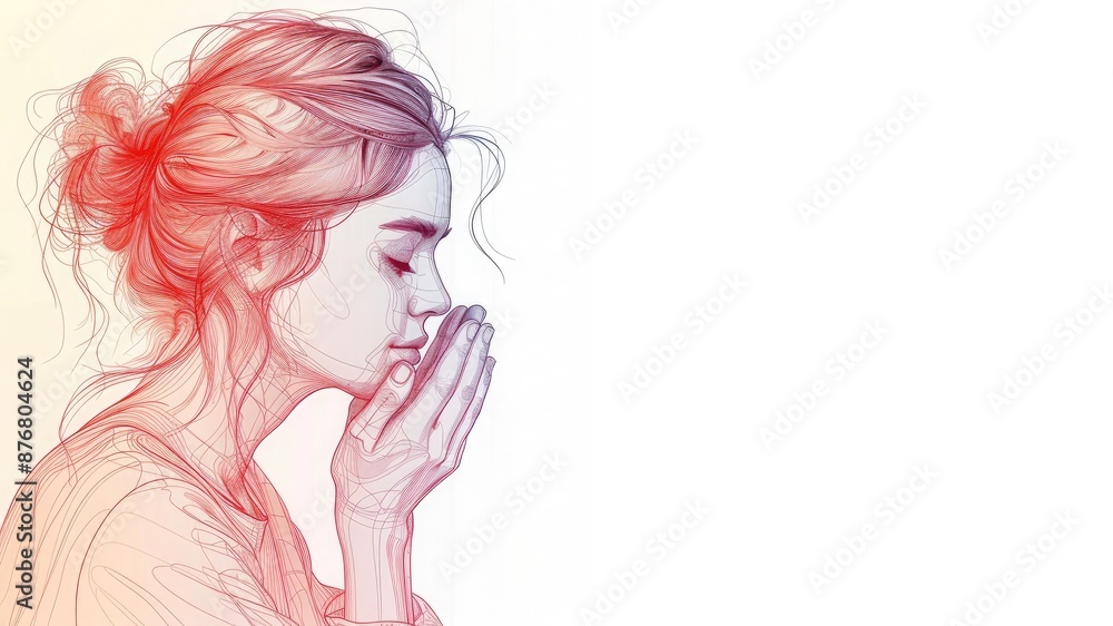 Continuous line drawing of a woman praying in red and blue pen on a white background. Represents spirituality, relaxation, and mindfulness. Ideal for religious themes with copy space. Continuous line drawing of a woman praying in red and blue pen on a white background. Represents spirituality, relaxation, and mindfulness. Ideal for religious themes with copy space.