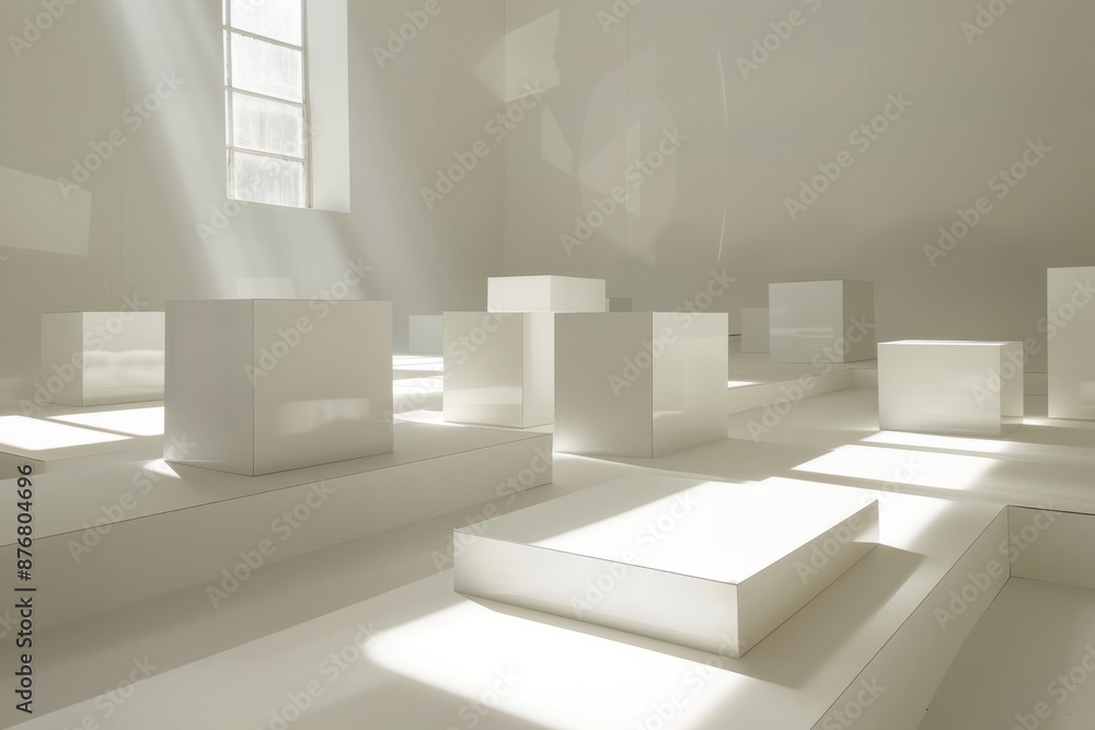 Minimalist installation with stark white cubes, clean lines, and strategic lighting to create dramatic shadows, Generative AI Minimalist installation with stark white cubes, clean lines, and strategic lighting to create dramatic shadows, Generative AI