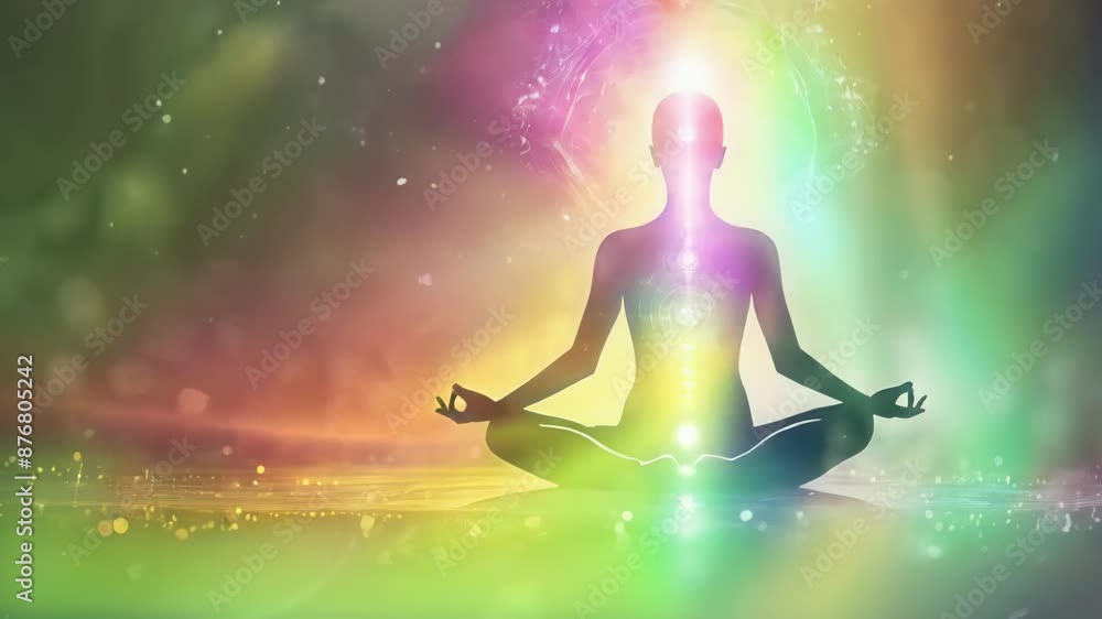 Silhouette of a meditating man. Animated chakras aligning in a meditative silhouette against a radiant, colorful backdrop. Silhouette of a meditating man. Animated chakras aligning in a meditative silhouette against a radiant, colorful backdrop.