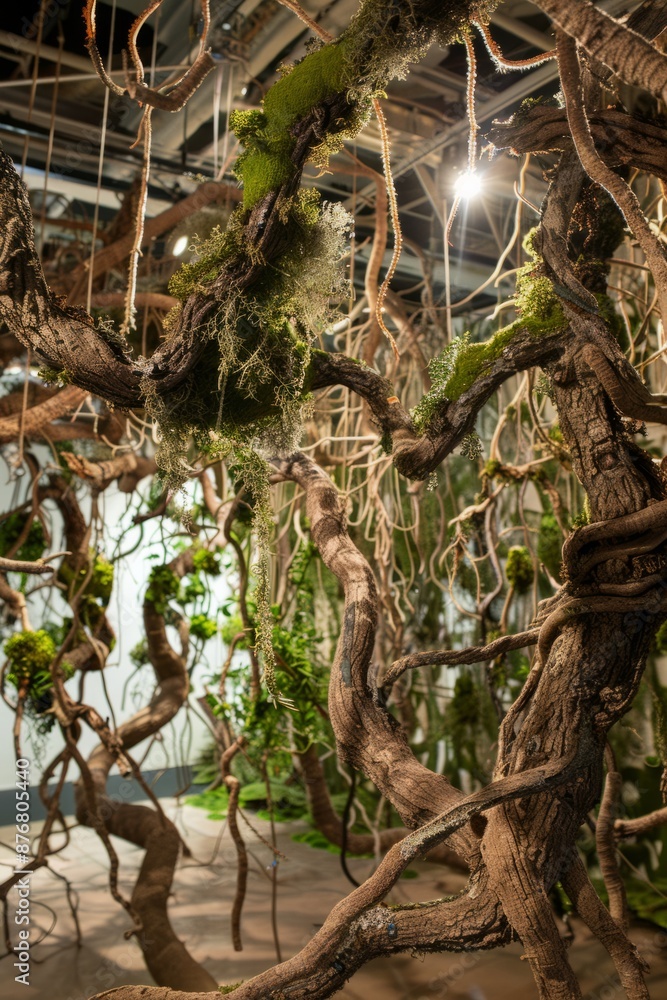 Organic installation with twisted branches, hanging moss, and natural elements creating a forest canopy, Generative AI Organic installation with twisted branches, hanging moss, and natural elements creating a forest canopy, Generative AI