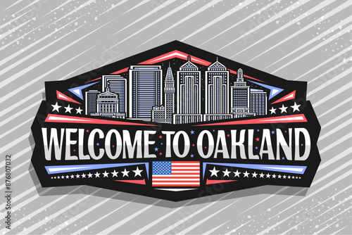 Vector logo for Oakland, black decorative tag with line illustration of urban panoramic oakland city scape on nighttime sky background, art design refrigerator magnet with words welcome to oakland