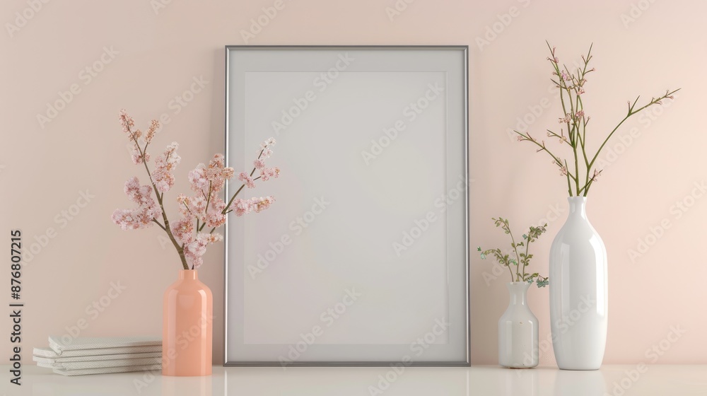 Mock up poster frame in modern interior background. Eco style concept. Light neutral and Peach Fuzz colors Mock up poster frame in modern interior background. Eco style concept. Light neutral and Peach Fuzz colors