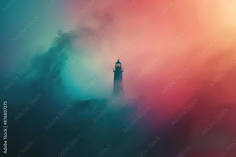 Fototapeta premium Generative ai on theme of large retro lighthouse with beam of bright light shining out to blue sea