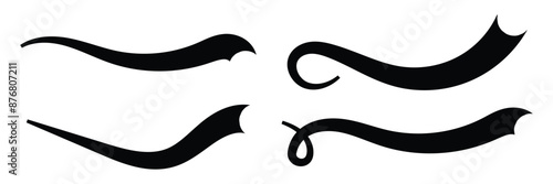 Swoosh line vector, underline swish, stroke swash swirl, curly hand drawn text calligraphic brush tail, black fireworks icon set isolated on white background. Doodle decorative illustration in eps 10.