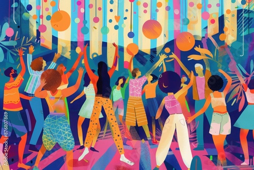 A joyful, vibrant illustration of a music festival