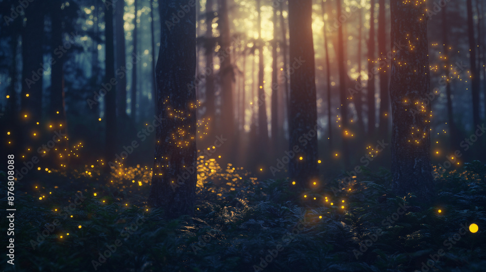 A forest at dusk with fireflies illuminating the underbrush, creating a twinkling light show against the backdrop of silhouetted trees and a fading sky A forest at dusk with fireflies illuminating the underbrush, creating a twinkling light show against the backdrop of silhouetted trees and a fading sky