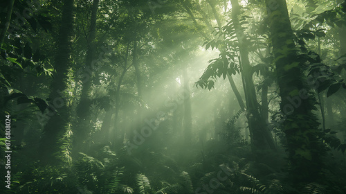 A dense, misty forest with tall, ancient trees covered in moss and ferns, with sunlight filtering through the thick canopy, creating © jhon