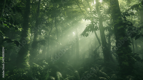 A dense, misty forest with tall, ancient trees covered in moss and ferns, with sunlight filtering through the thick canopy, creating