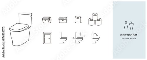 お手洗いのアイコン8点セットとトイレのイラスト