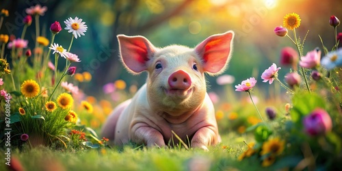 Adorable pink pig with curly tail and floppy ears sits cutely on grass, surrounded by colorful flowers and lush greenery, looking happy and carefree. photo