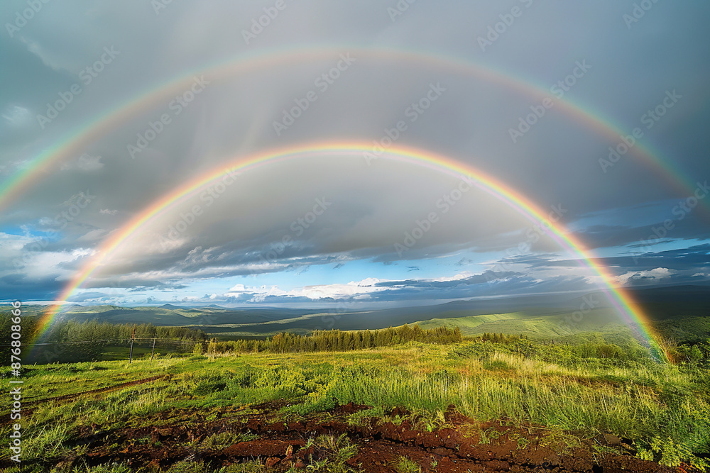 Generative ai on theme of beautiful tranquil landscape with magical bright rainbow at cloudy sky Generative ai on theme of beautiful tranquil landscape with magical bright rainbow at cloudy sky