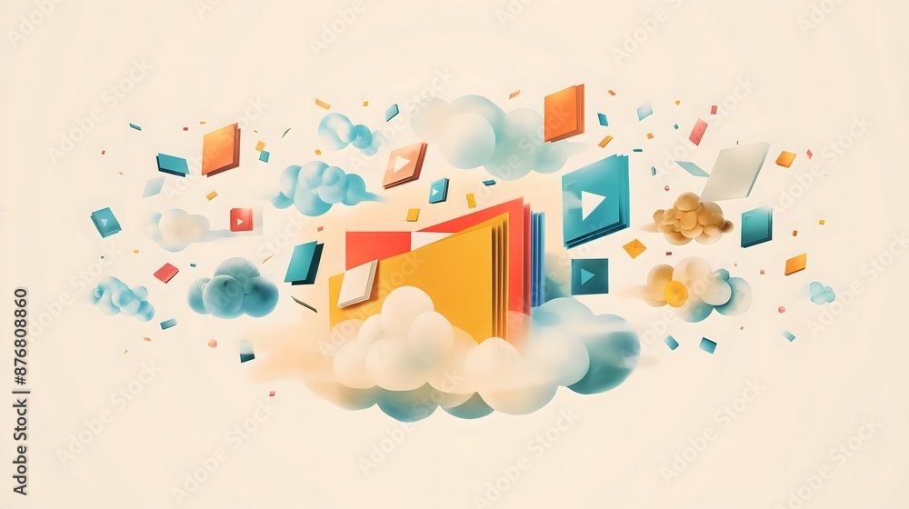 Fototapeta premium minimalistic artwork depicting files, folders, videos, photos all flying towards fast, unlimited, reliable cloud storage servers, light colored background