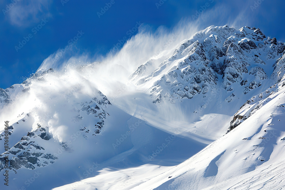 Obraz premium Generative ai on theme of descent of an huge avalanche from the mountain, winter nature landscape