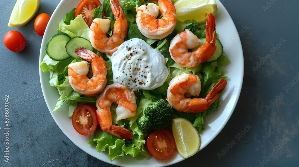 Fresh Salad with Shrimp and Mayonnaise Dressing on a Simple Table Setting, Perfect for Menu and Banner Designs Fresh Salad with Shrimp and Mayonnaise Dressing on a Simple Table Setting, Perfect for Menu and Banner Designs