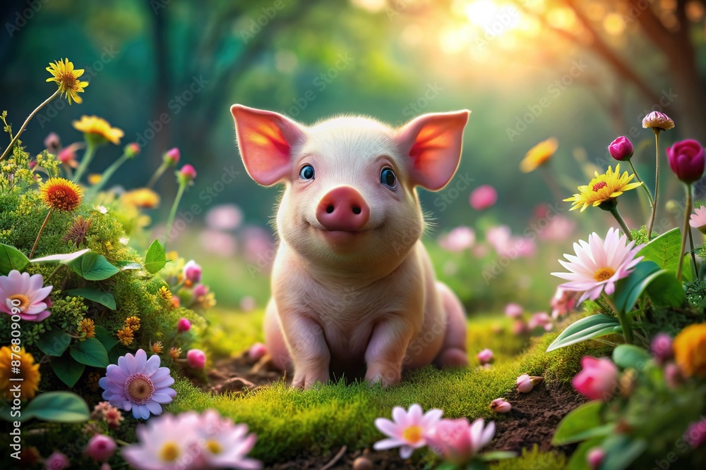 Adorable pink pig with curly tail and shiny eyes sitting on a patch of green grass surrounded by colorful flowers and lush foliage. Adorable pink pig with curly tail and shiny eyes sitting on a patch of green grass surrounded by colorful flowers and lush foliage.